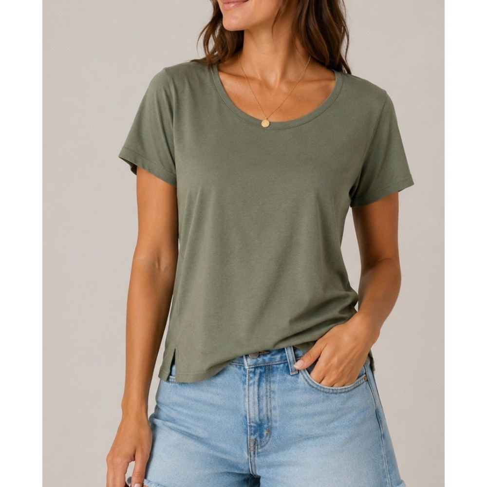 NEW THE SCRIPT Le‎ Tee Women Large Vert Olive Green Mercerized Cotton Scoop Neck